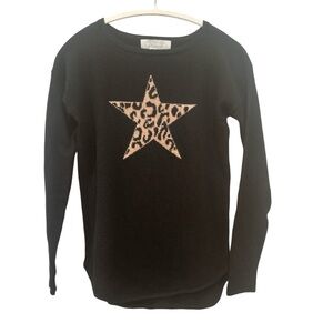 Ply 100% Cashmere Black Leopard Star L/S Sweater Sz XS Animal Print Stretchy
